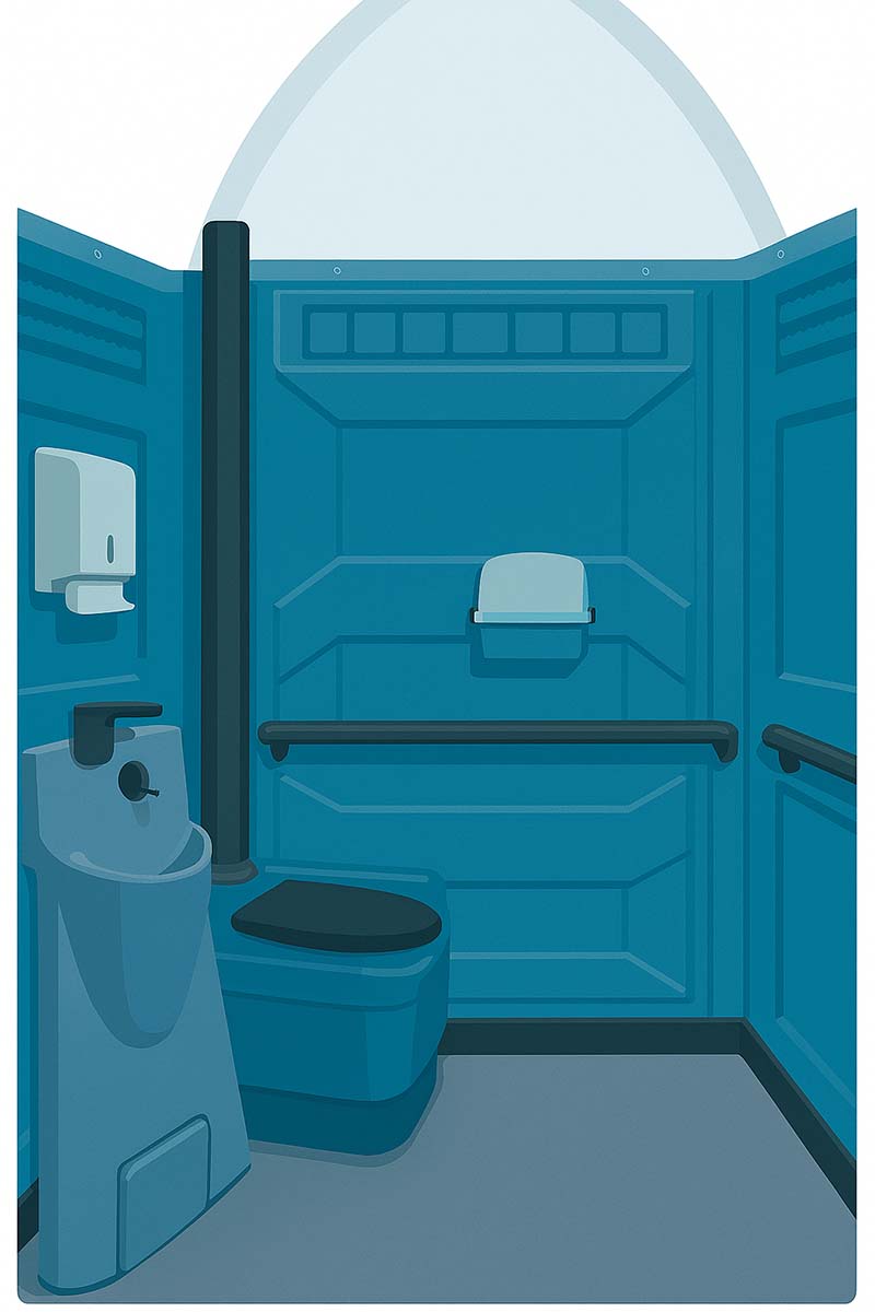 Bild auf Mobile Toiletten mieten in Dömitz Barrierefreie mobile Toilette von innen mit Haltegriffen, Waschbecken und Toilettensitz.