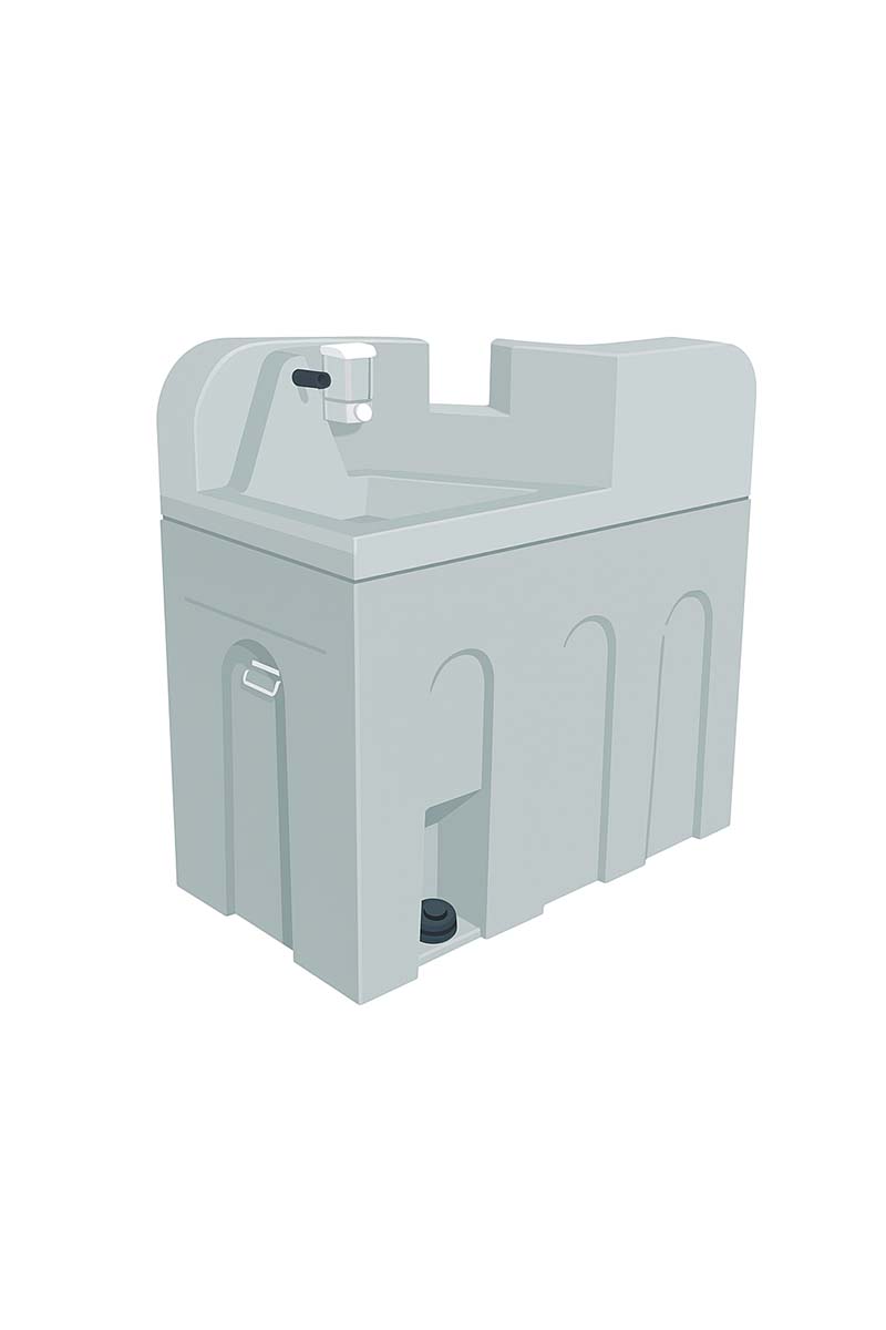 Bild auf Mobile Toiletten mieten in Dömitz Illustration eines grauen, freistehenden mobilen Doppelwaschbeckens mit Seifenspender.