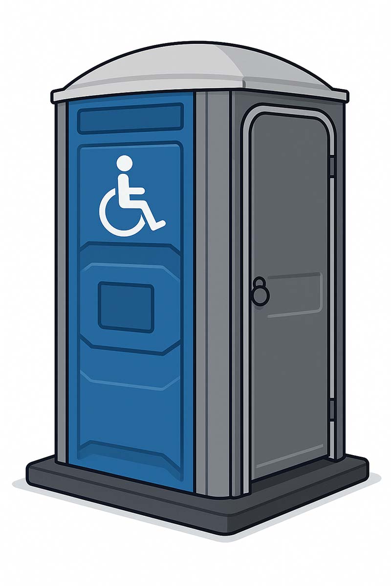 Bild auf Mobile Toiletten mieten in Dömitz Illustration einer breiten, mobilen Toilette mit barrierefreiem Zugang und geschlossenem Türsystem.