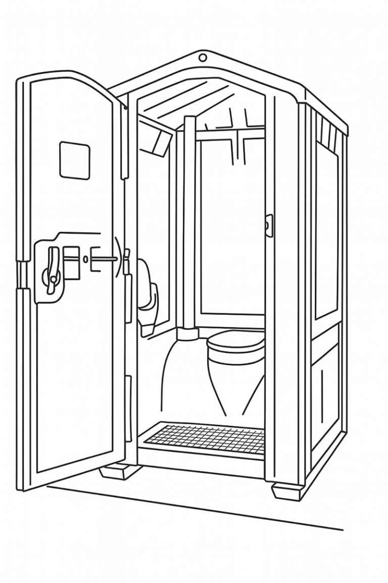 Bild auf Mobile Toiletten mieten in Dömitz Strichzeichnung einer geöffneten mobilen Standardtoilette mit Sicht auf Innenraum, WC und Urinal.