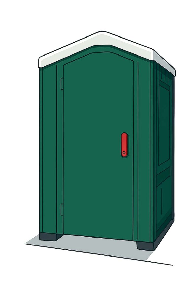 Bild auf Mobile Toiletten mieten in Dömitz Illustration einer grünen mobilen Standardtoilette mit weißem Dach und rotem Türgriff.