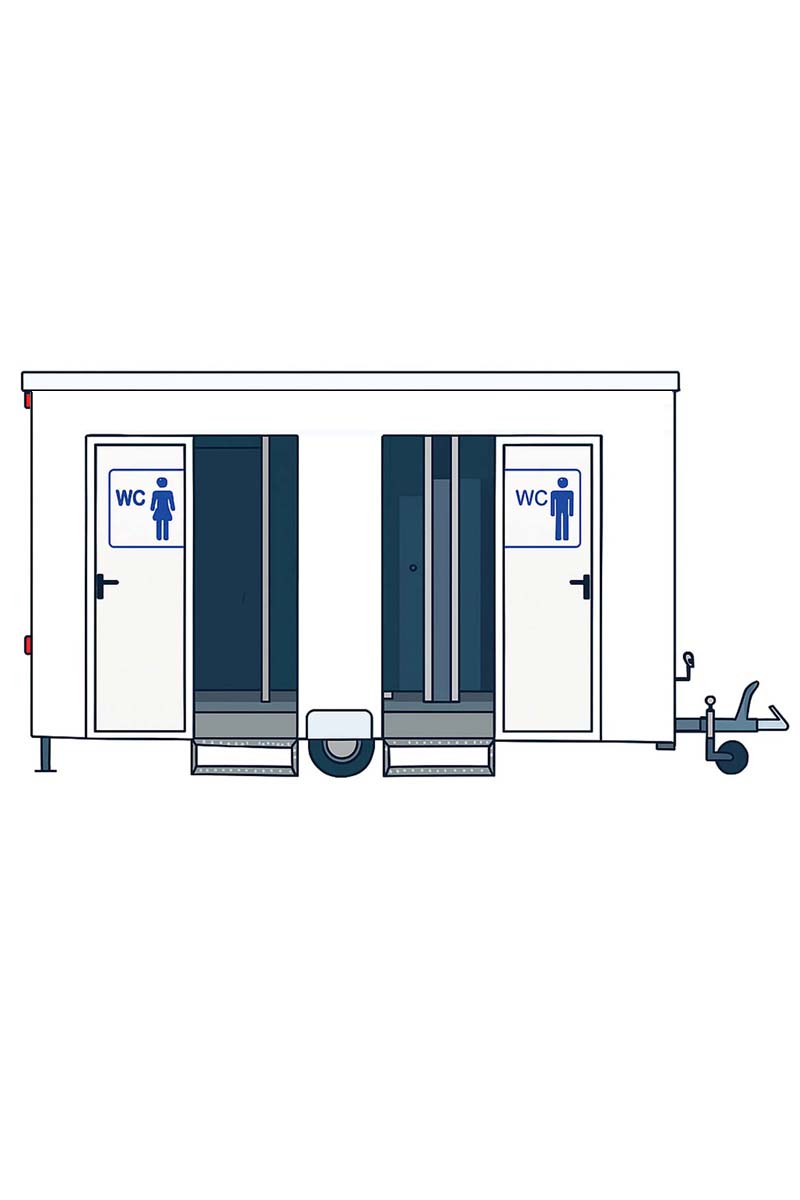 Bild auf Mobile Toiletten mieten in Dömitz Illustration eines mobilen Toilettenwagens mit zwei Damenabteilen, einem Herrenabteil und drei Urinalen.